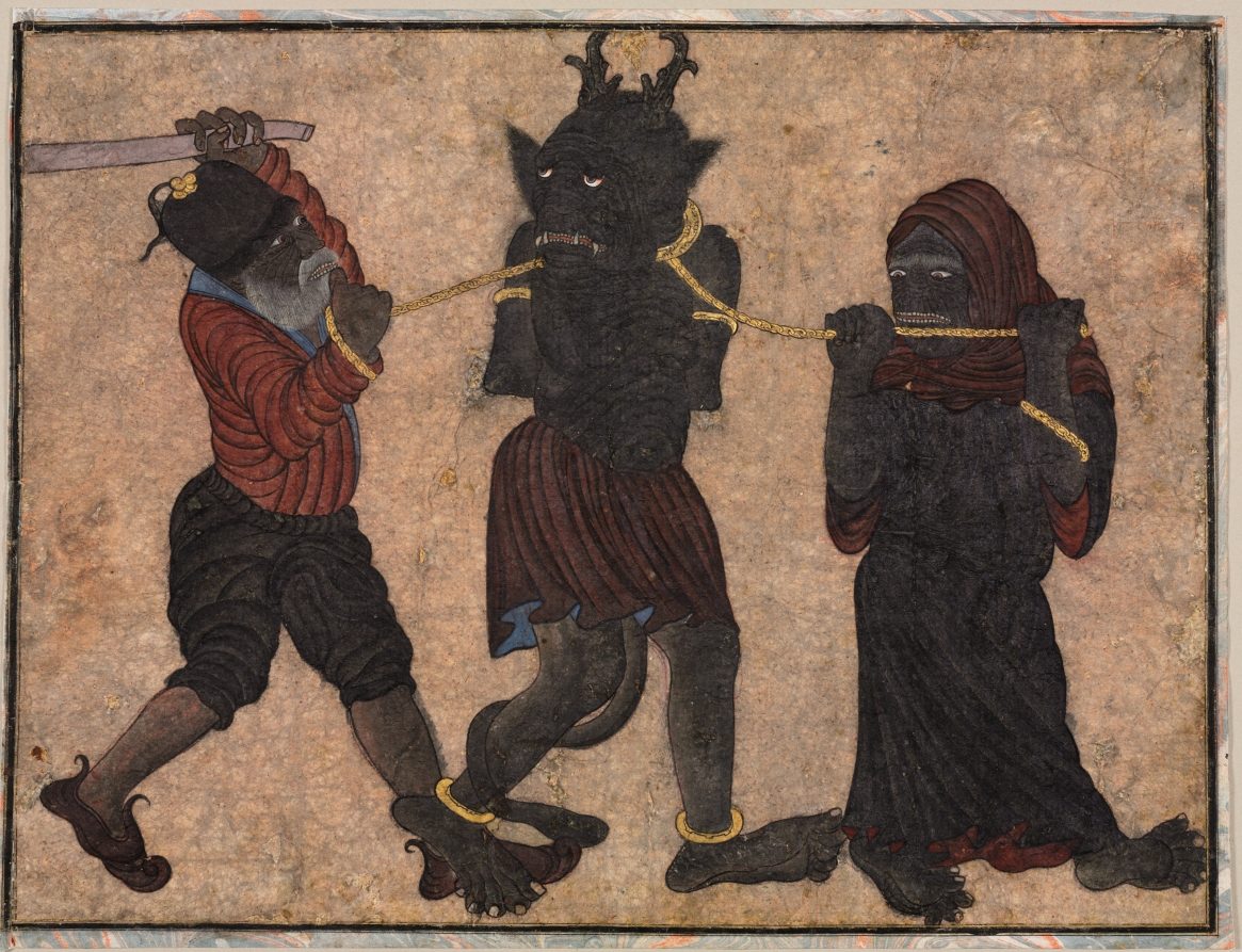 Painting of a chained demon led between two dark figures