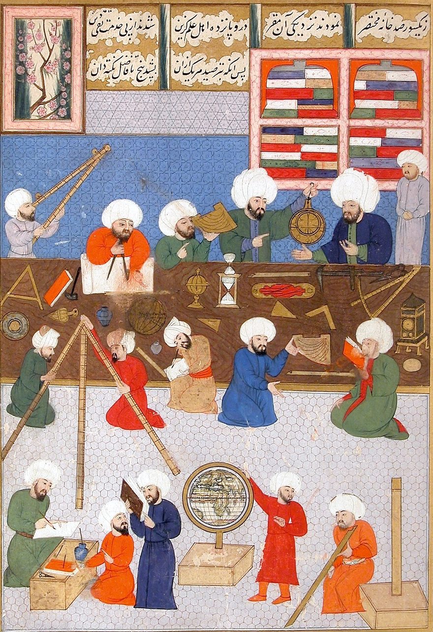 An Ottoman miniature: Taqī al-Dīn and his astronomers at work in the Istanbul observatory, with an astrolabe, a globe, a mechanical clock, quadrants and books