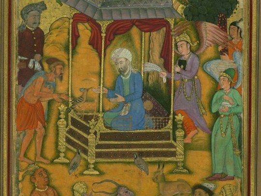 Mughal painting of King Solomon enthroned among angels, demons, birds and animals